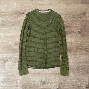 Hollister Shirt L Green Striped Logo Long Sleeve Pullover Crew Neck Shirt Grunge